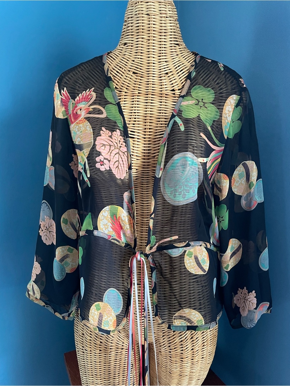 Vintage Harari Sheer Silk Tie Front Kimono Top Floral + Birds Black Green Boho